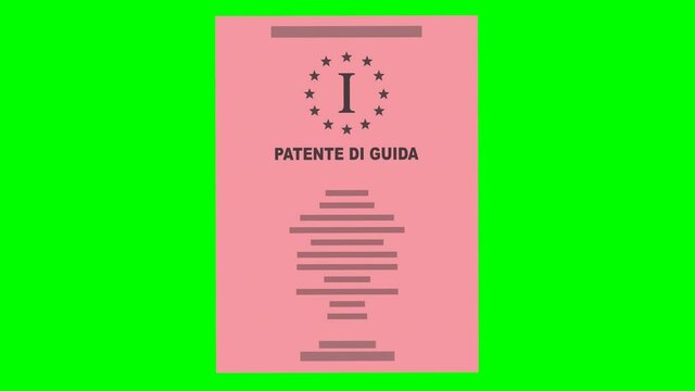 Una mano presenta la sua vecchia patente di guida italiana rosa su sfondo verde (design piatto)