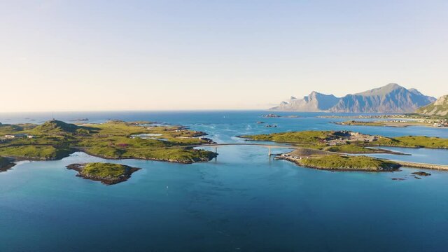 Flying around Fredvang bridge on Lofoten islands in Norway