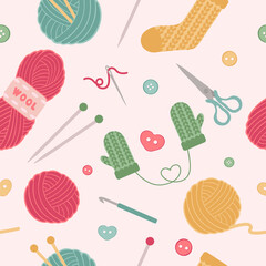 Knitting, crochet seamless pattern. Cute vector illustration of hand made equipment knit needle, buttons, wool, cotton skeins. Colored background for yarn tailor store.