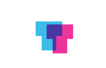 intersected T letter logo icon for company. Blue and pink alphabet design for corporate and business