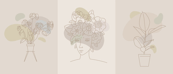Abstract minimal line set. Woman face with flowing hair and flowers, for organic cosmetics and posters.