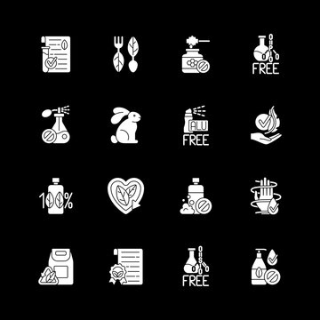Natural cosmetic white glyph icons set for dark mode. No chemicals, dermatology products. Eco friendly product. Silhouette symbols on black background. Vector isolated illustration bundle