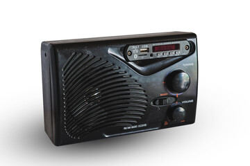 Diy mp3 player to old FM radio receiver on white background.