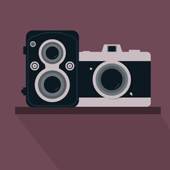 Vintage film cameras on shelf. Cute photography flat design. 