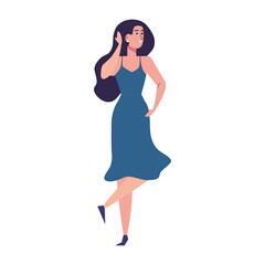 beautiful sexy girl standing with blue dress character vector illustration design