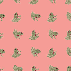 Bright cartoon aquatic animal seamless pattern with hand drawn toad ornament. Pink pastel background.