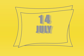 calendar date in a frame on a refreshing yellow background in absolutely gray color. July 14 is the fourteenth day of the month