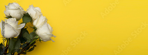 Postcard. White roses on a yellow background. Banner. Congratulations on March 8, Valentine's Day, Mother's Day, Birthday, Anniversary, Wedding, Teacher's Day, to women. Copy space, mock up, Flatly