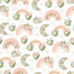 Children's seamless pattern with spring rainbow and flower in pastel colors. Cute texture for kids room design, Wallpaper, textiles, wrapping paper, apparel. Vector illustration - 416782435