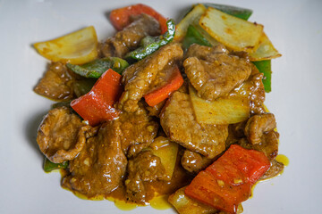 Oriental-style beef curry. Close up