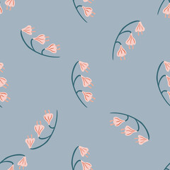 Minimalistic style seamless pattern with cure pink bell flowers ornament. Pastel blue background.
