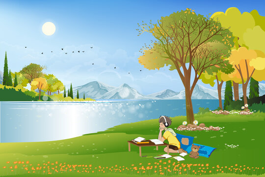 Kid wearing headphones listening to music while doing school homework.Vector illustration cartoon Child boy sitting in green field by the lake in sunny day on spring or summer,World book day