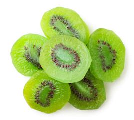 Heap of dry kiwi on a white background. Top view.