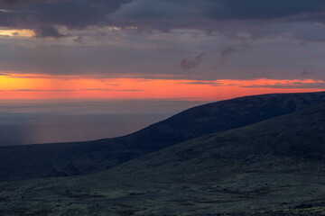 beautiful sunset in the mountains. Khibiny, Kola Peninsula, Murmansk region, Russia