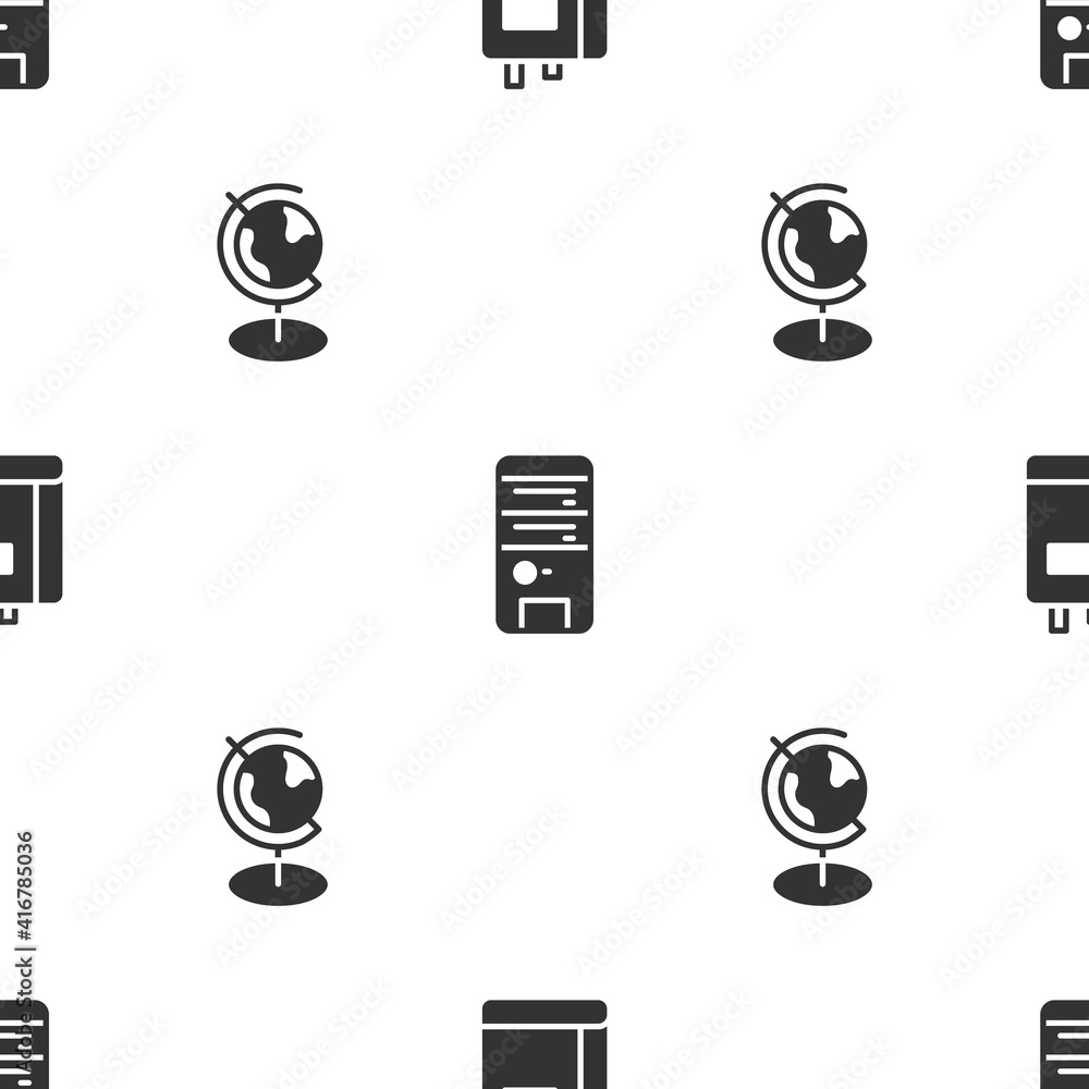 Poster set book, computer and earth globe on seamless pattern. vector.