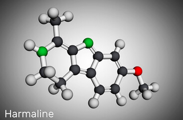 Harmaline molecule. It is fluorescent indole alkaloid. Molecular model. 3D rendering