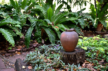 Closeup of Pottery has a crack in the garden for design and decoration at Thailand.