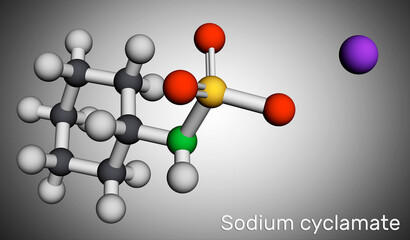 Sodium cyclamate molecule. Cyclamate is an artificial sweetener, food additive E952. Molecular model. 3D rendering