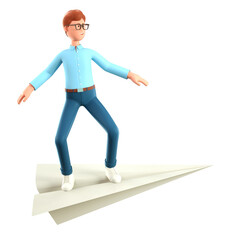 3D illustration of smiling creative man flying on a huge paper airplane. Cute cartoon businessman reaching goals, isolated on white.