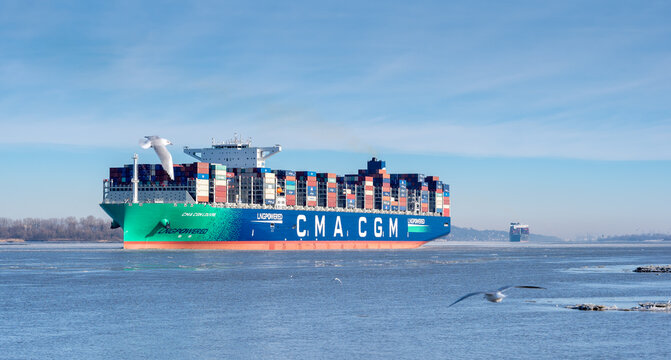 The LNG-powered containership, the CMA CGM Louvre, on the river Elbe near the city of Hamburg, Germany. Ship is leaving the port of Hamburg on Sunday the 14th of February 2021.