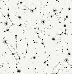 star constellation zodiac endless black white seamless vector pattern