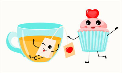 Kawaii breakfast. tea with a tea bag, cupcake cake. Vector illustration.
