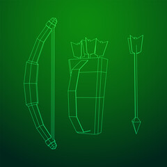 Medieval Bow and arrow archer weapon. Wireframe low poly mesh vector illustration.