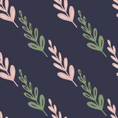 Fototapeta na wymiar Minimalistic seamless nature pattern with pink and green colored branhes elements. Dark purple background.