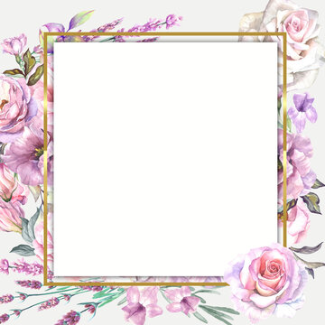 pink roses frame.watercolor flowers