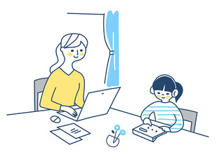 リモートワークをする母親と一緒に勉強する女の子