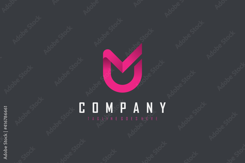 Poster abstract initial letter m and u linked logo. pink geometric shape origami style isolated on black ba