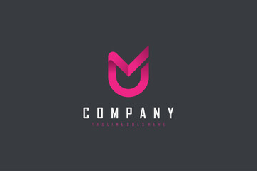 Abstract Initial Letter M and U Linked Logo. Pink Geometric Shape Origami Style isolated on Black Background. Usable for Business and Branding Logos. Flat Vector Logo Design Template Element.