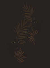 Dark illustration with lovely women and tropical leaves. Hand-drawn vintage 3D illustration. Abstract female faces. Fantasy African woman