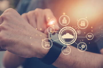 Man use smart watch connection online technology