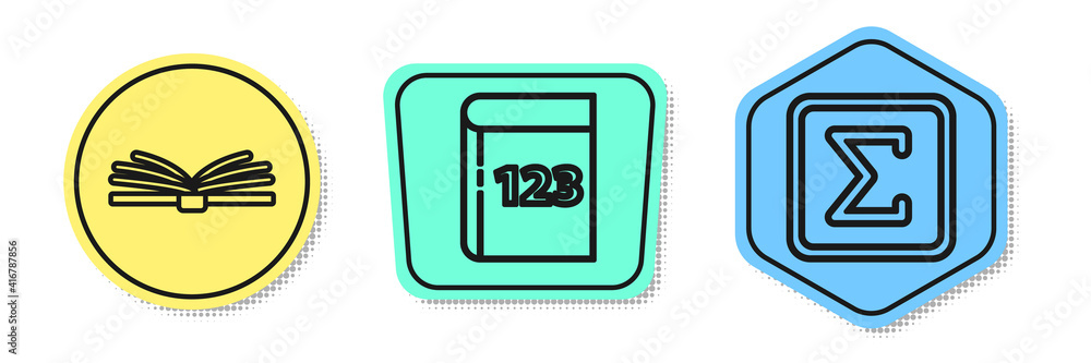 Poster set line mobile calculator interface, test or exam sheet and pen and geometric figure square. colore