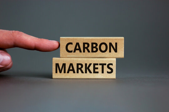 Carbon Markets Symbol. Concept Words 'carbon Markets' On Wooden Blocks On A Beautiful Grey Background, Businessman Hand. Business And Carbon Markets Concept, Copy Space.