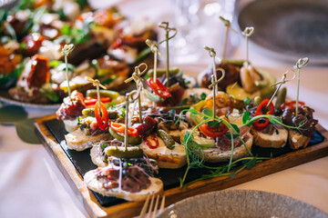 A variety of delicious appetizers, snacks on the table at a party.