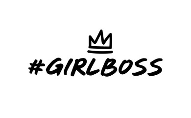Girl boss lettering text and hashtag with doodle crown. Fashion illustration tee slogan design for t shirts, prints, posters etc.