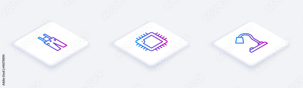 Poster set isometric line pants with suspenders, processor cpu and table lamp. white square button. vector.