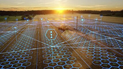 Aerial Shot: Harvester Working on Field. Digitalization of the Crops Growing Efficiency with AI Data Analysis Icons. Futuristic Agriculture Concept of Computerized, Eco, Sustainable way of Harvesting - Powered by Adobe