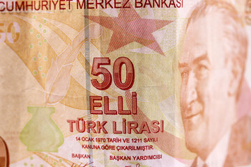 close-up Turkish Lira banknote on background