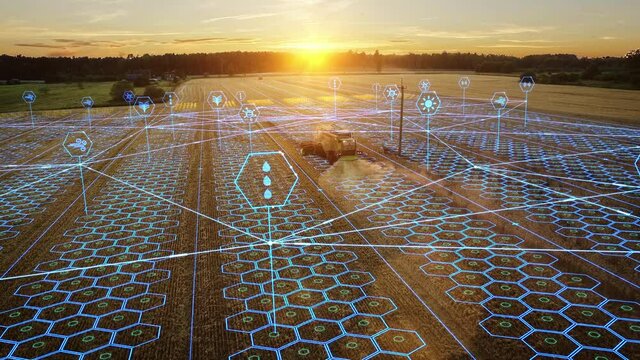 Aerial Shot: Harvester Working on Field. Digitalization of the Crops Growing Efficiency with AI Data Analysis Icons. Futuristic Agriculture Concept of Computerized, Eco, Sustainable way of Harvesting