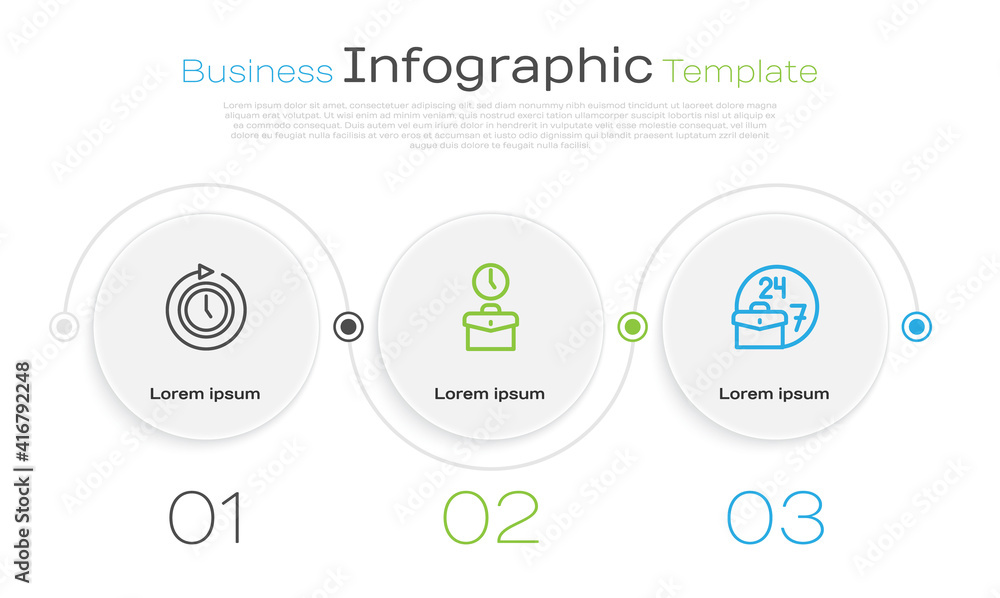 Poster set line clock with arrow, work time and always busy. business infographic template. vector.