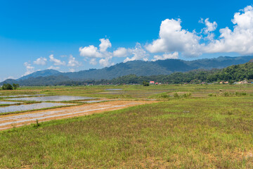 Landscape in Tana Toraja. The Torajan economy is based on agriculture, with cultivated wet rice in terraced fields on mountain slopes and in valleys and fish breeding