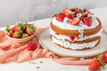 Strawberry cake, strawberry sponge cake with fresh strawberries and sour cream on a white background