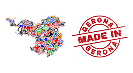 Production Gerona Province map mosaic and MADE IN textured rubber stamp. Gerona Province map abstraction composed from wrenches, gearwheels, screwdrivers, items, cars, electric sparks, helmets.