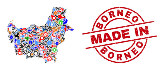 Industrial mosaic Borneo map and MADE IN grunge seal. Borneo map collage composed with spanners, gear wheels, screwdrivers, air planes, cars, electric bolts, details.