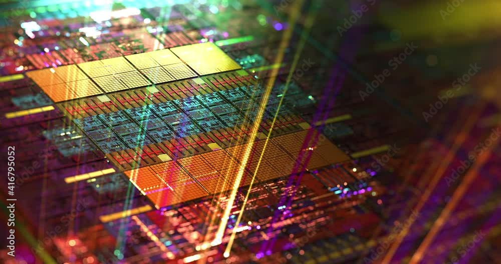 Poster abstract hologram 3d silicon cpu with futuristic matrix. digital circuit components with a particles