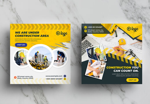 Construction Social Media Banner Template Pack with Yellow Accents