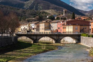 The small town of Piobbico with the river Candigliano in the Pesaro-Urbino province (Marche, Italy)